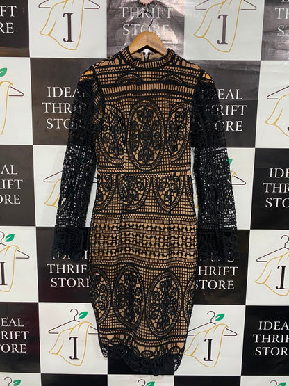 MINISTRY OF STYLE |S| BUST 15| A21| BLACK AND NUDE CROCHET LACE LONG SLEEVE MIDI DRESS