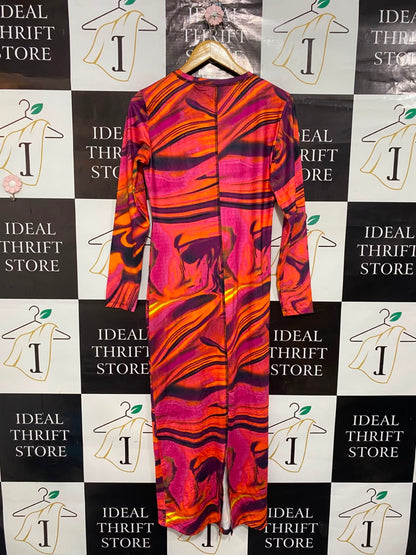 VERO MODA |M| BUST 17| A21| PINK AND ORANGE MARBLE SWIRL LONG SLEEVE MIDI DRESS