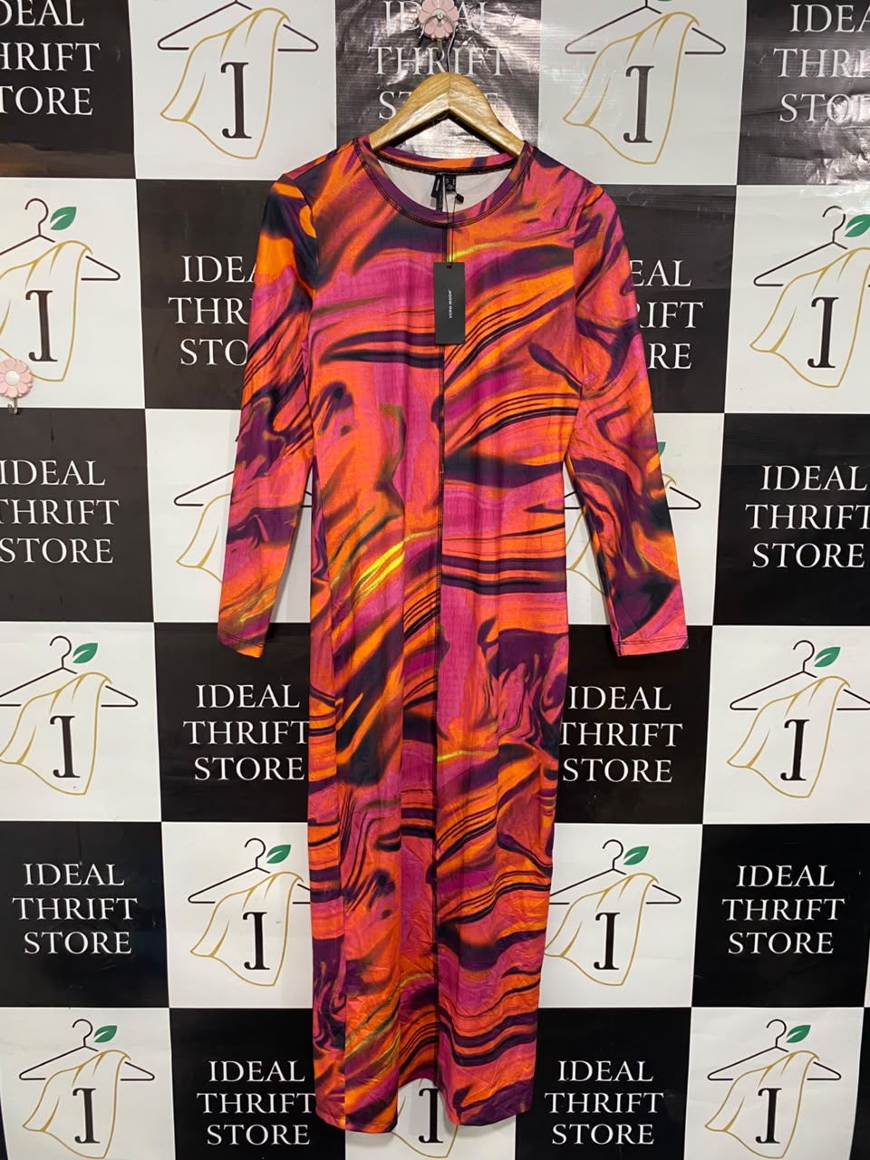 VERO MODA |M| BUST 17| A21| PINK AND ORANGE MARBLE SWIRL LONG SLEEVE MIDI DRESS