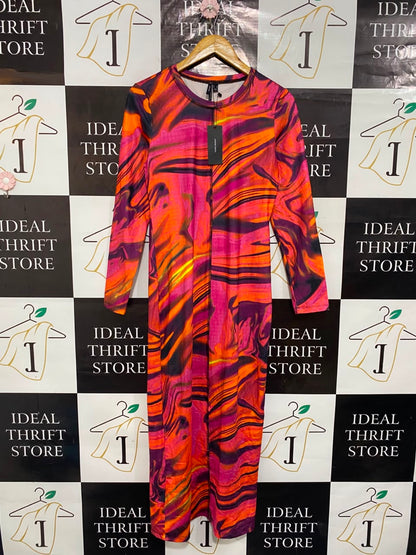 VERO MODA |M| BUST 17| A21| PINK AND ORANGE MARBLE SWIRL LONG SLEEVE MIDI DRESS