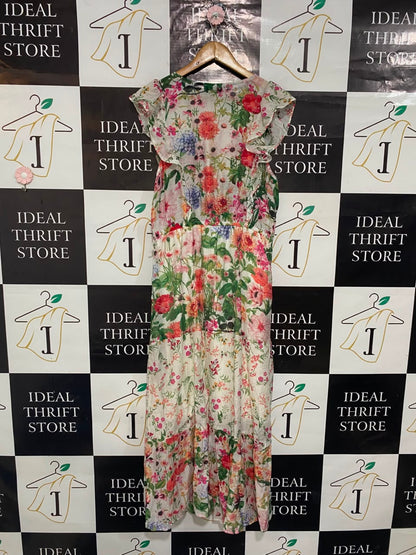 FIGUEROA & EFLORVER |L| BUST 19| A21| MULTICOLOR FLORAL PRINT RUFFLE SLEEVE MIDI DRESS