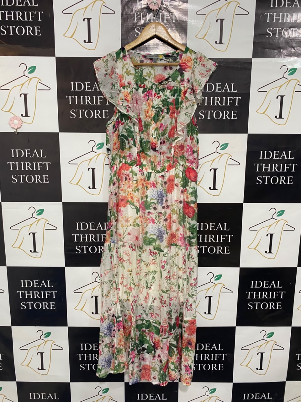 FIGUEROA & EFLORVER |L| BUST 19| A21| MULTICOLOR FLORAL PRINT RUFFLE SLEEVE MIDI DRESS