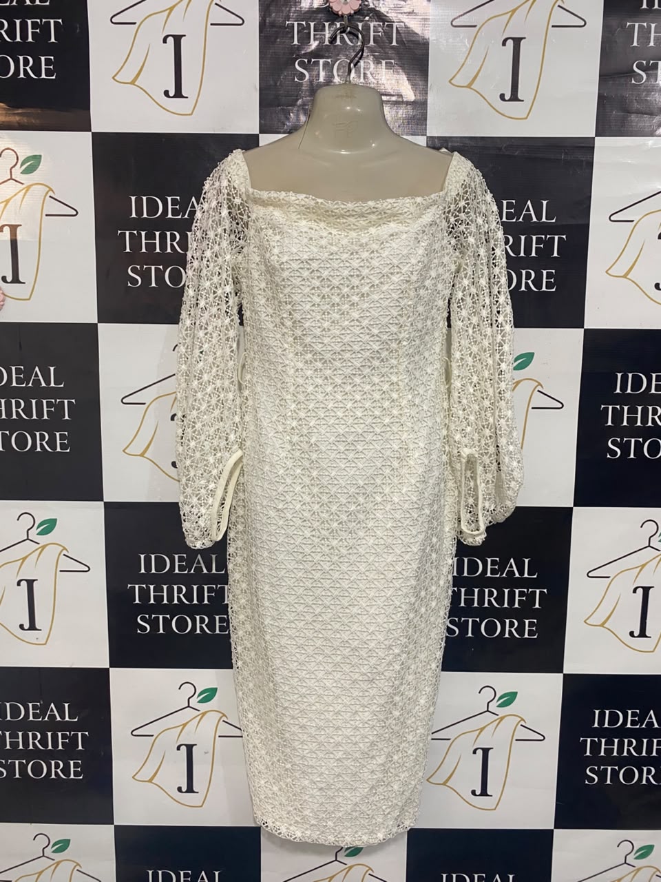 PASDUCHAS |M| BUST 16| A21| WHITE LACE SQUARE NECK LONG SLEEVE MIDI DRESS