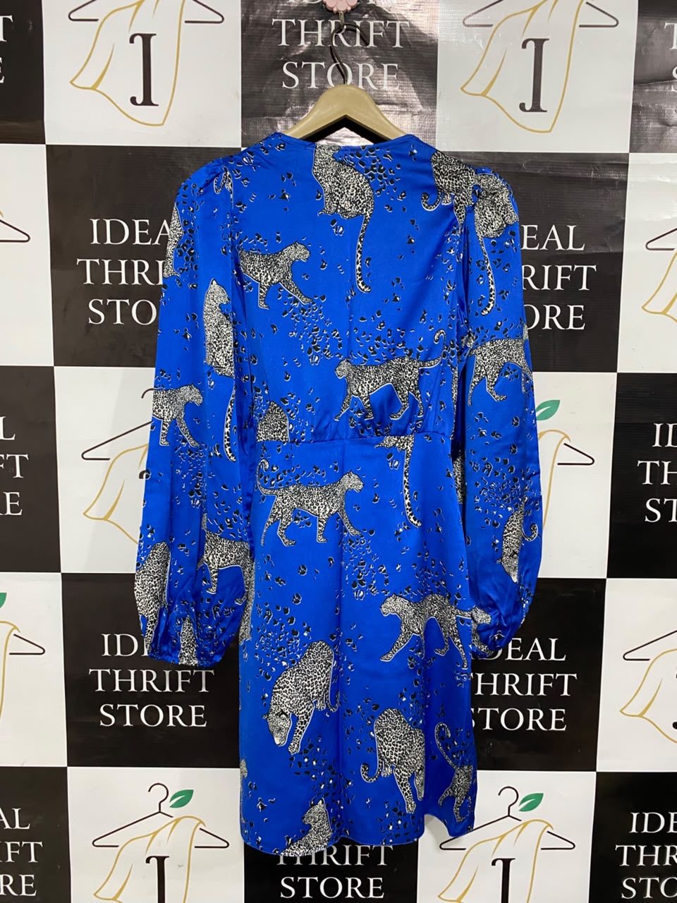 NEW LOOK |M| BUST 17| A21| BLUE LEOPARD PRINT WRAP LONG SLEEVE MINI DRESS
