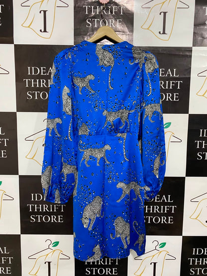 NEW LOOK |M| BUST 17| A21| BLUE LEOPARD PRINT WRAP LONG SLEEVE MINI DRESS