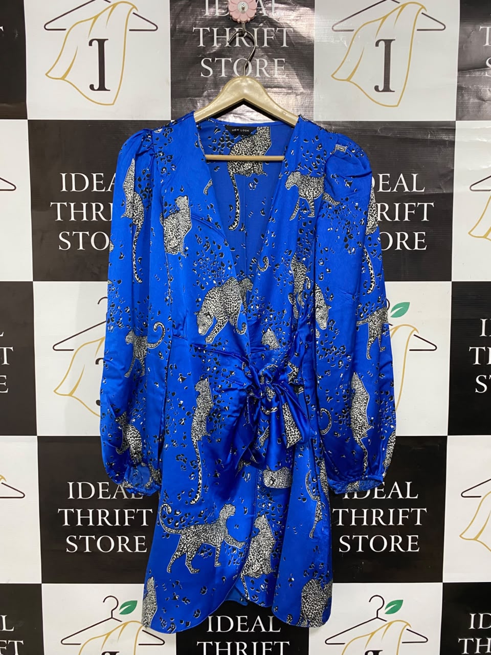 NEW LOOK |M| BUST 17| A21| BLUE LEOPARD PRINT WRAP LONG SLEEVE MINI DRESS