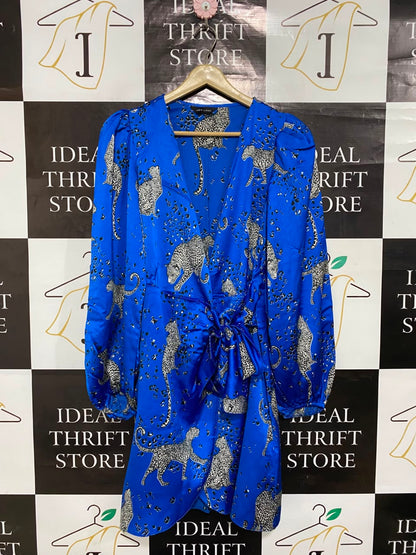 NEW LOOK |M| BUST 17| A21| BLUE LEOPARD PRINT WRAP LONG SLEEVE MINI DRESS