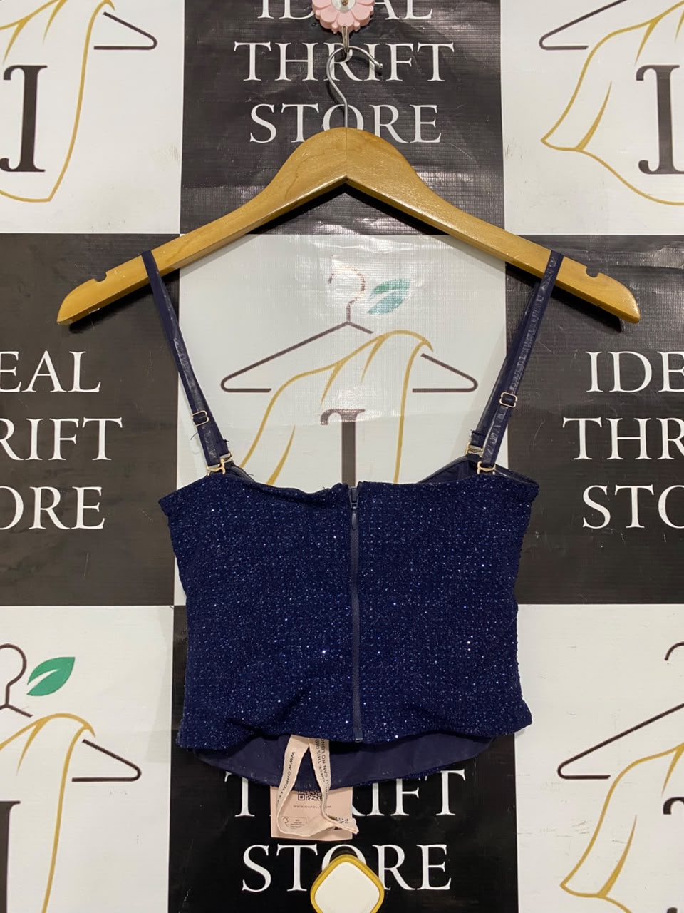 OH POLLY |XS| BUST 11| A20| NAVY BLUE SPARKLY SHIMMER COWL NECK CROP TOP