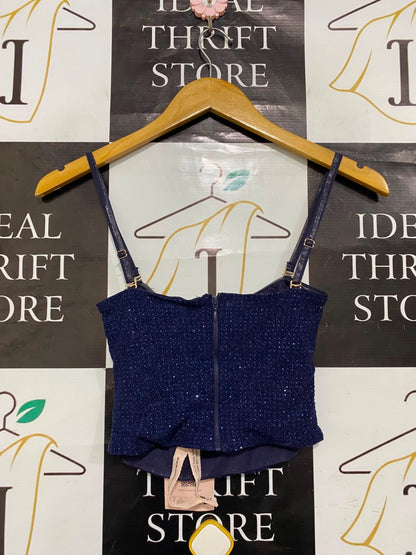 OH POLLY |XS| BUST 11| A20| NAVY BLUE SPARKLY SHIMMER COWL NECK CROP TOP