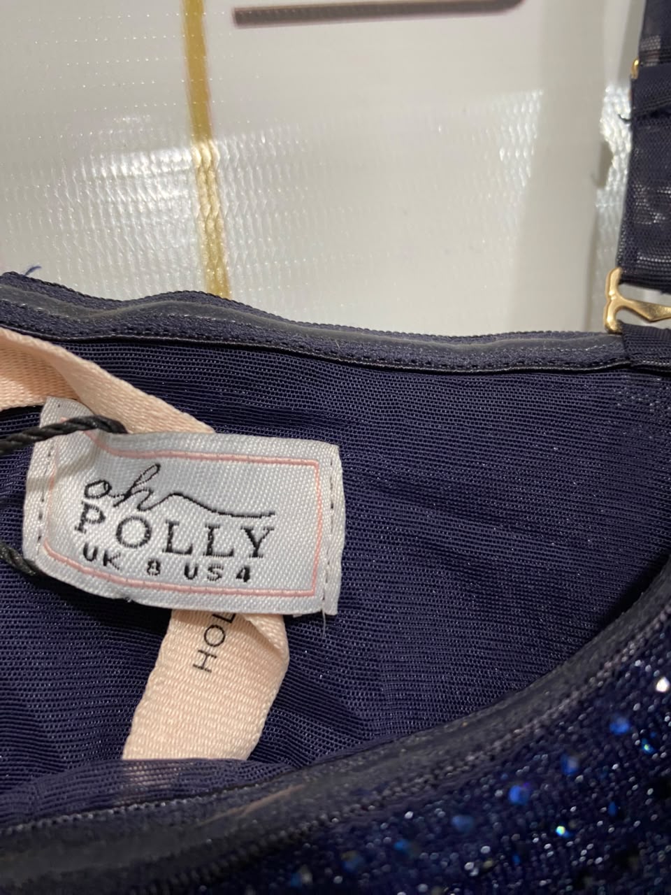 OH POLLY |XS| BUST 11| A20| NAVY BLUE SPARKLY SHIMMER COWL NECK CROP TOP