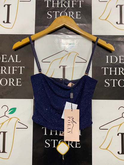 OH POLLY |XS| BUST 11| A20| NAVY BLUE SPARKLY SHIMMER COWL NECK CROP TOP