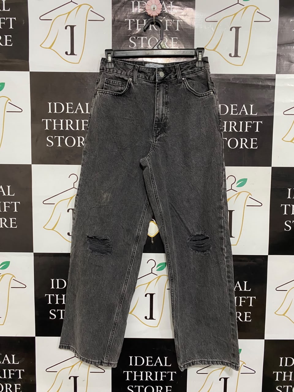 NEW LOOK |S| WAIST 26| A20| WOMEN'S DISTRESSED WASHED BLACK DENIM JEANS HIGH RISE RELAXED FIT STRAIGHT LEG PANTS