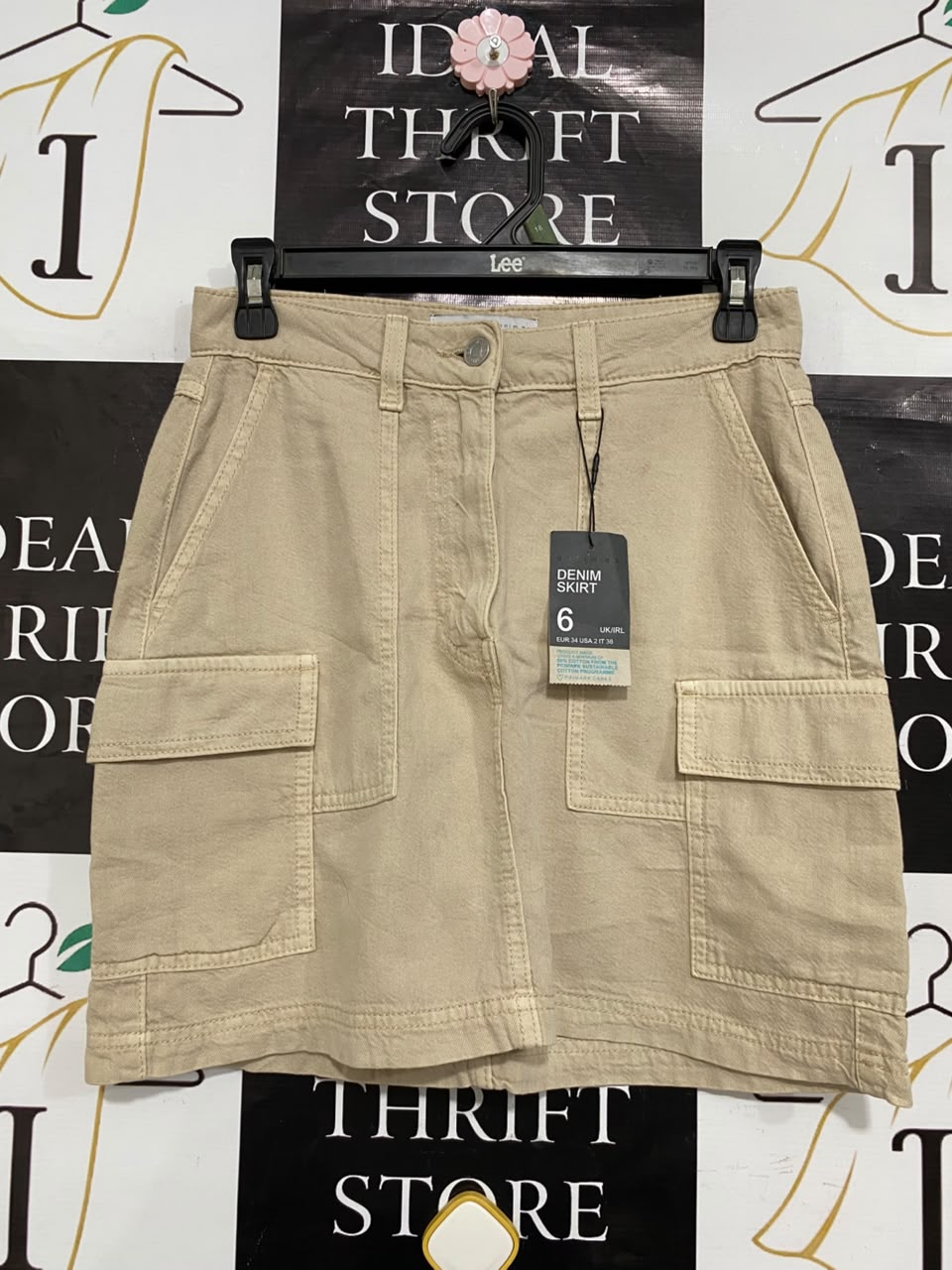 PRIMARK CARES |S| WAIST 26| A20| WOMEN'S BEIGE UTILITY CARGO DENIM SKIRT HIGH WAIST MINI SKIRT WITH POCKETS
