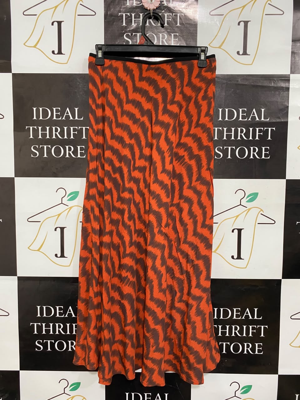 MNG |M| WAIST 26| A20| WOMEN'S ORANGE AND BROWN ZIGZAG PRINT MAXI SKIRT BOLD GEOMETRIC PATTERN LONG SKIRT