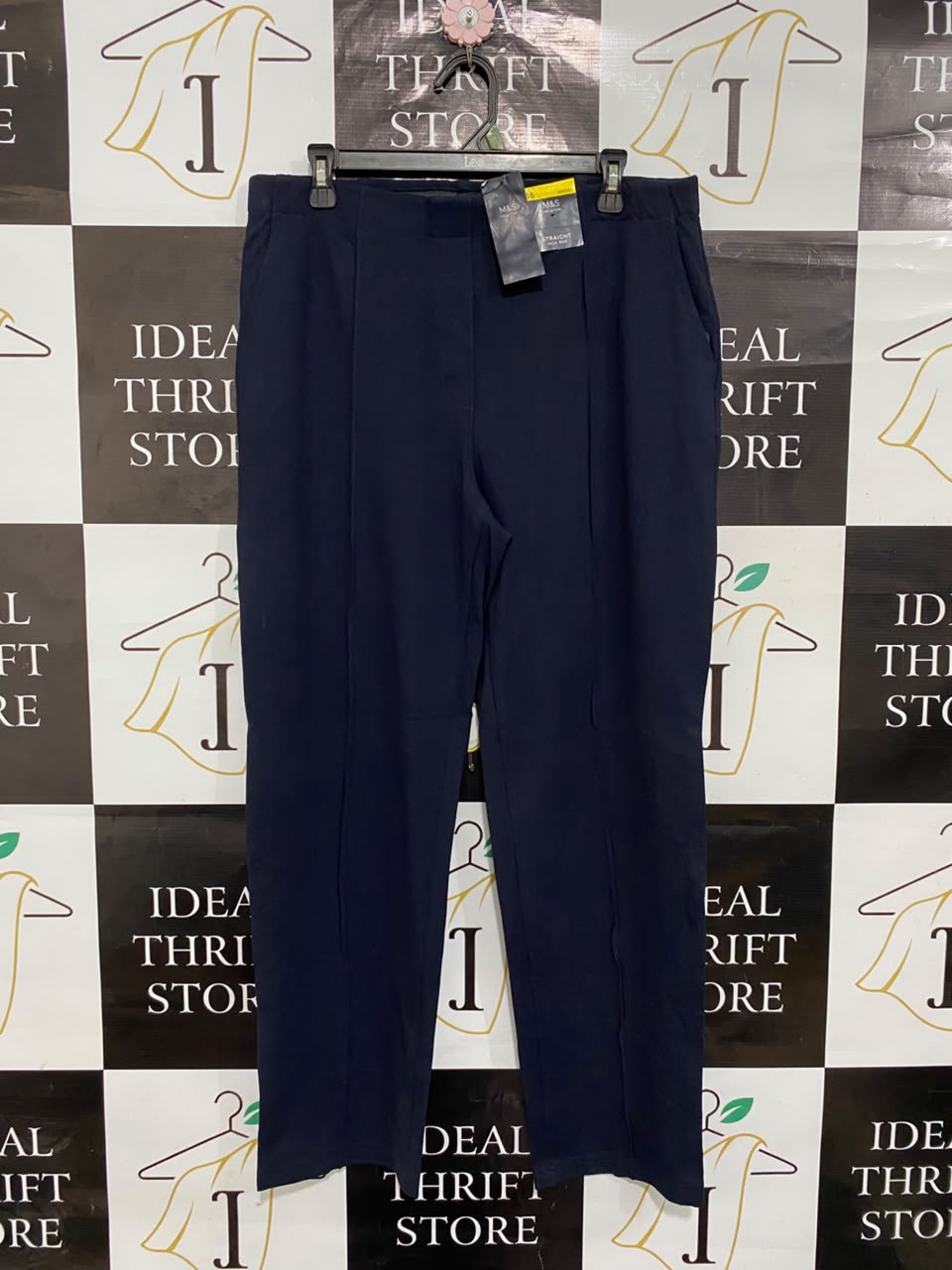 M&S |XL| WAIST 33| A20| NAVY BLUE TAILORED TROUSERS HIGH RISE STRAIGHT LEG FORMAL PANTS