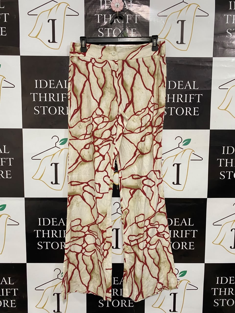 LAAGAM |L| WAIST 29| A20| RED AND BEIGE ABSTRACT PRINT TROUSERS STATEMENT WEAR STRAIGHT LEG PANTS