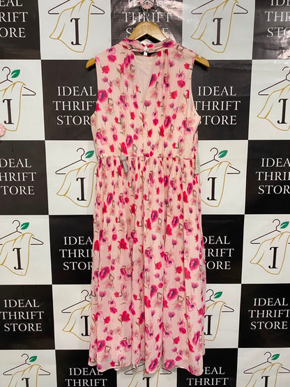 PETITE |M| BUST 18| A20| PINK FLORAL PLEATED MIDI DRESS ELEGANT HALTER NECK PARTY DRESS
