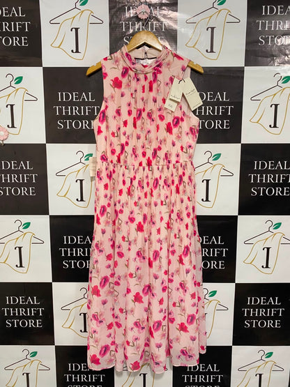 PETITE |M| BUST 18| A20| PINK FLORAL PLEATED MIDI DRESS ELEGANT HALTER NECK PARTY DRESS