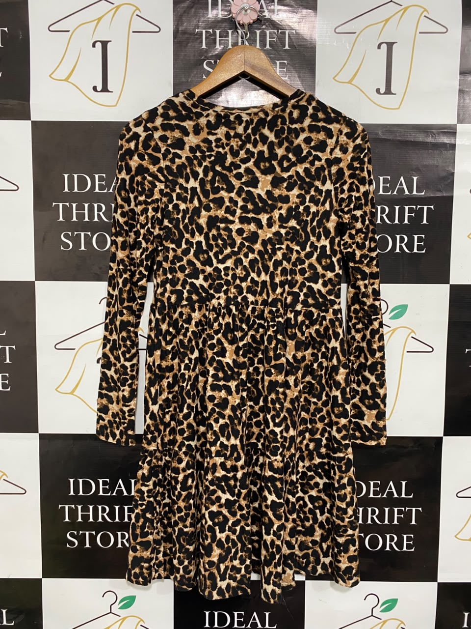 F&F |S| BUST 16| A20| LEOPARD PRINT LONG SLEEVE TIERED MINI DRESS ANIMAL PRINT SWING DRESS