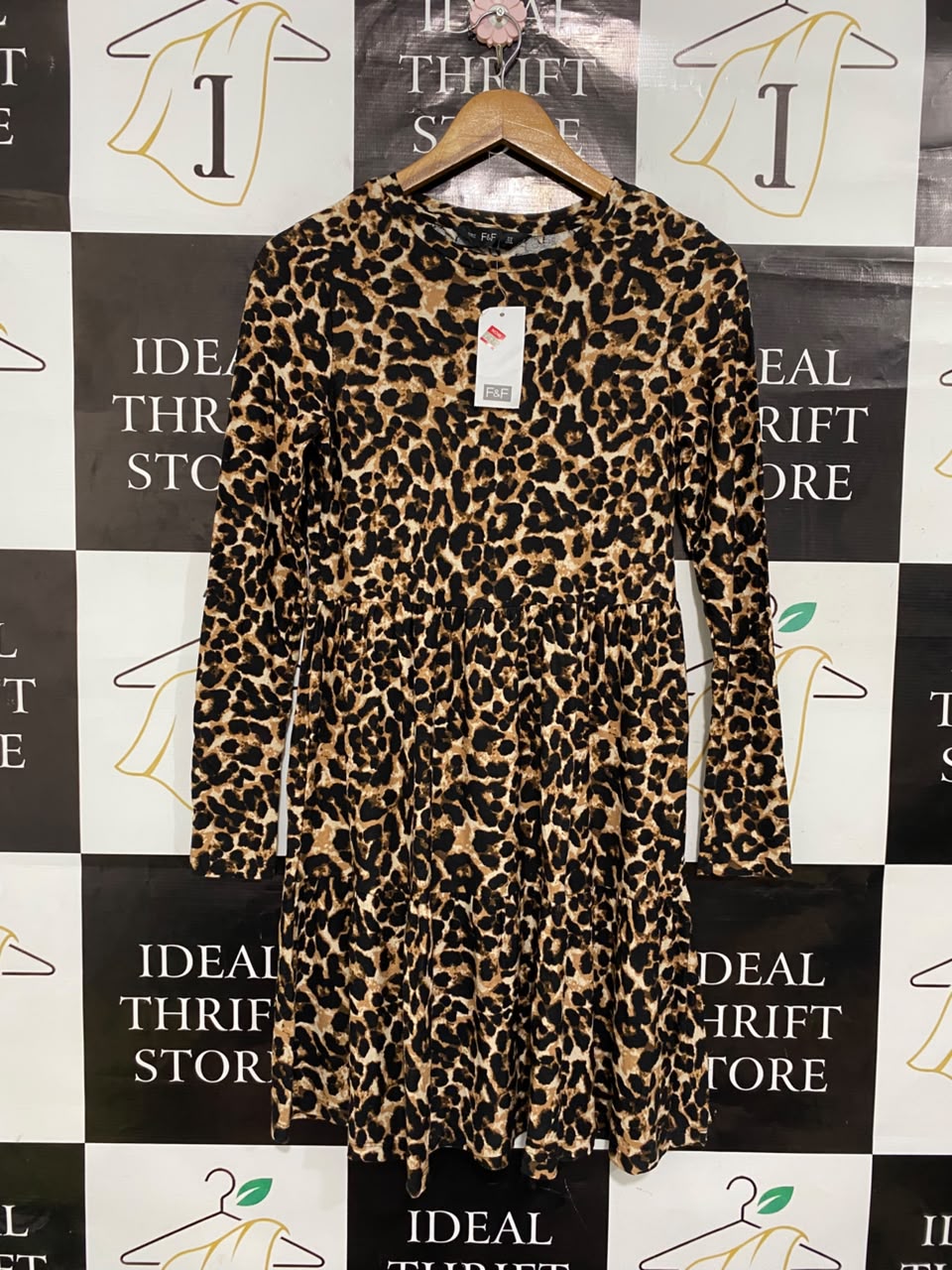 F&F |S| BUST 16| A20| LEOPARD PRINT LONG SLEEVE TIERED MINI DRESS ANIMAL PRINT SWING DRESS