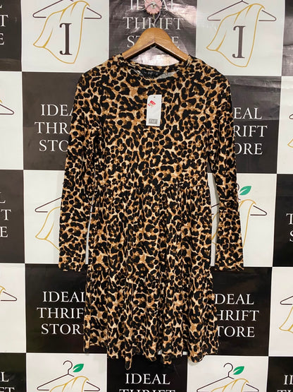 F&F |S| BUST 16| A20| LEOPARD PRINT LONG SLEEVE TIERED MINI DRESS ANIMAL PRINT SWING DRESS