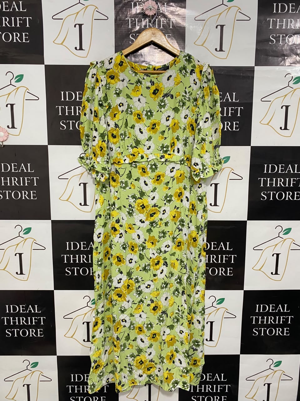 NOBODYS CHILD |L| BUST 19| A20| LIME GREEN FLORAL MIDI DRESS SHORT PUFF SLEEVE VIBRANT SPRING DRESS