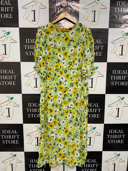 NOBODYS CHILD |L| BUST 19| A20| LIME GREEN FLORAL MIDI DRESS SHORT PUFF SLEEVE VIBRANT SPRING DRESS