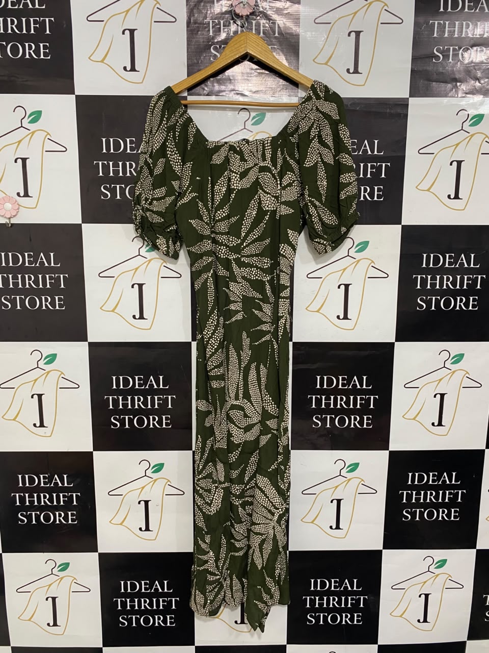 PEACOCKS |L| BUST 19| A20| OLIVE GREEN LEAF PRINT MIDI DRESS SQUARE NECK PUFF SLEEVE SLIT DRESS