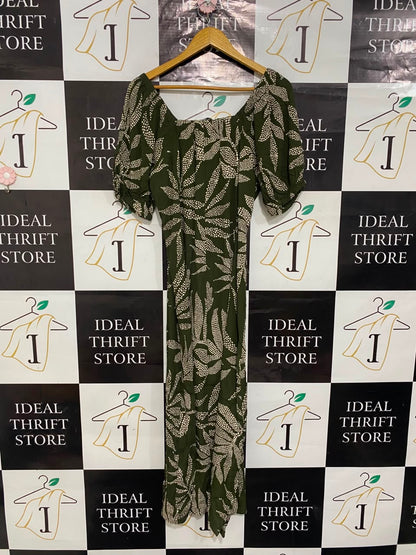 PEACOCKS |L| BUST 19| A20| OLIVE GREEN LEAF PRINT MIDI DRESS SQUARE NECK PUFF SLEEVE SLIT DRESS