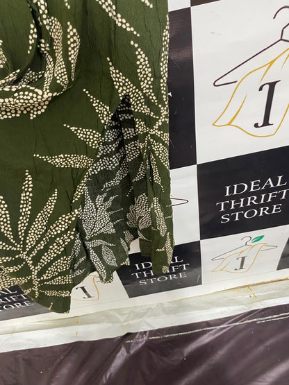 PEACOCKS |L| BUST 19| A20| OLIVE GREEN LEAF PRINT MIDI DRESS SQUARE NECK PUFF SLEEVE SLIT DRESS