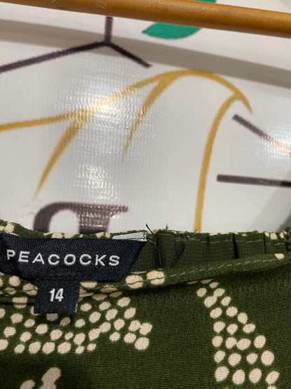 PEACOCKS |L| BUST 19| A20| OLIVE GREEN LEAF PRINT MIDI DRESS SQUARE NECK PUFF SLEEVE SLIT DRESS