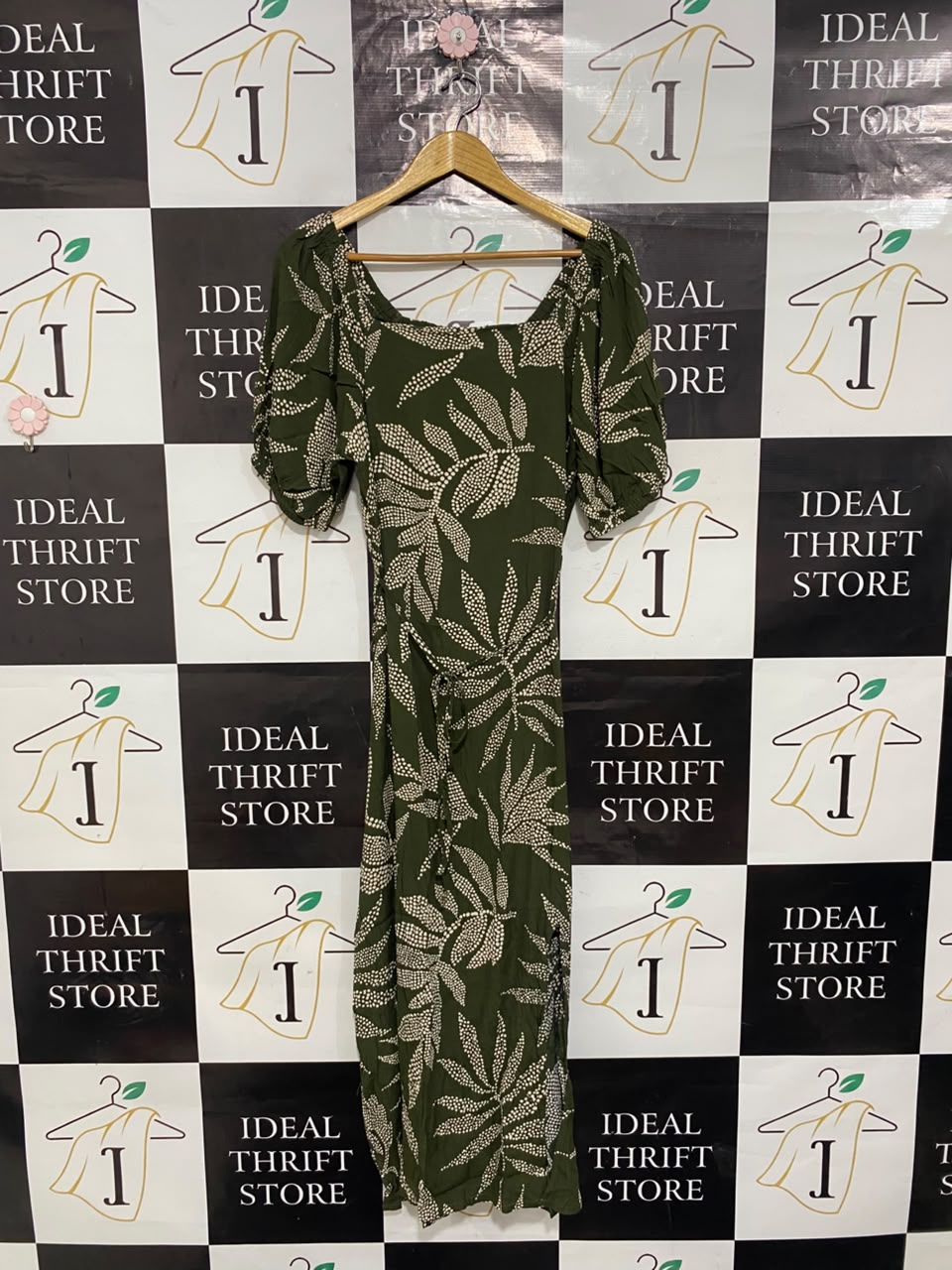 PEACOCKS |L| BUST 19| A20| OLIVE GREEN LEAF PRINT MIDI DRESS SQUARE NECK PUFF SLEEVE SLIT DRESS
