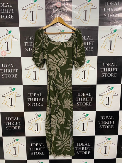 PEACOCKS |L| BUST 19| A20| OLIVE GREEN LEAF PRINT MIDI DRESS SQUARE NECK PUFF SLEEVE SLIT DRESS