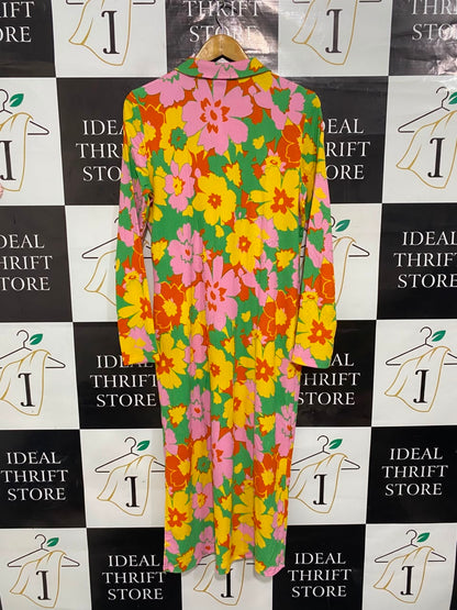 ONLY |XL| BUST 21| A20| MULTICOLOR RETRO FLORAL POLO MIDI DRESS VIBRANT LONG SLEEVE DRESS