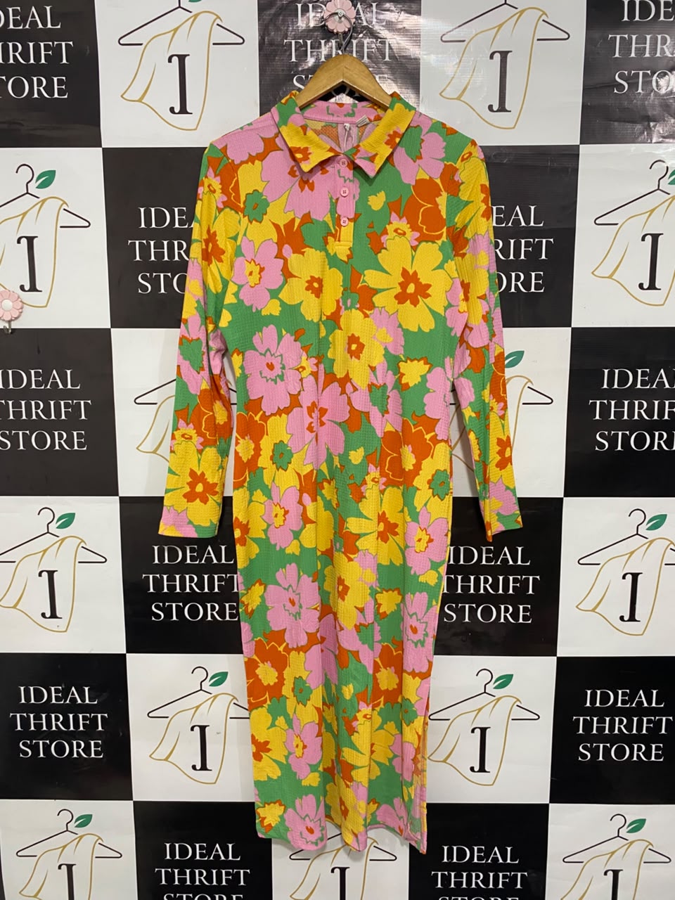 ONLY |XL| BUST 21| A20| MULTICOLOR RETRO FLORAL POLO MIDI DRESS VIBRANT LONG SLEEVE DRESS