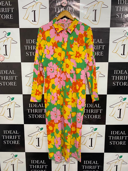 ONLY |XL| BUST 21| A20| MULTICOLOR RETRO FLORAL POLO MIDI DRESS VIBRANT LONG SLEEVE DRESS