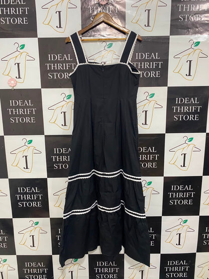 HOBBS |S| BUST 17| A20| BLACK MIDI DRESS WHITE SCALLOP TRIM TIERED STRAPPY DRESS