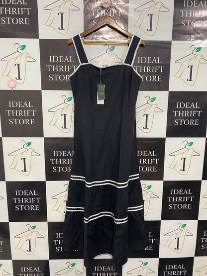 HOBBS |S| BUST 17| A20| BLACK MIDI DRESS WHITE SCALLOP TRIM TIERED STRAPPY DRESS