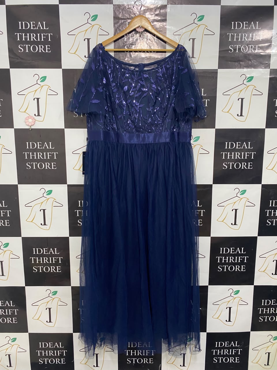 EVER PRETTY |XL| BUST 22| A20| NAVY BLUE EMBROIDERED MESH MAXI DRESS SPARKLY EVENING GOWN
