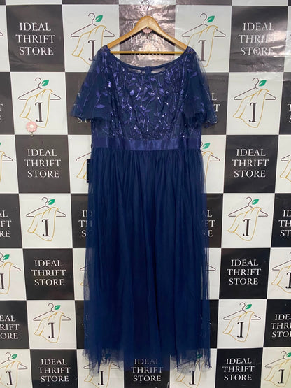 EVER PRETTY |XL| BUST 22| A20| NAVY BLUE EMBROIDERED MESH MAXI DRESS SPARKLY EVENING GOWN