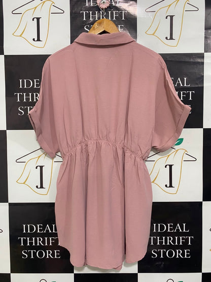 SHEIN CURVE |XL| BUST FREE| A20| DUSTY PINK BUTTON-UP SHIRT DRESS GOLD CHAIN BELT CASUAL TUNIC