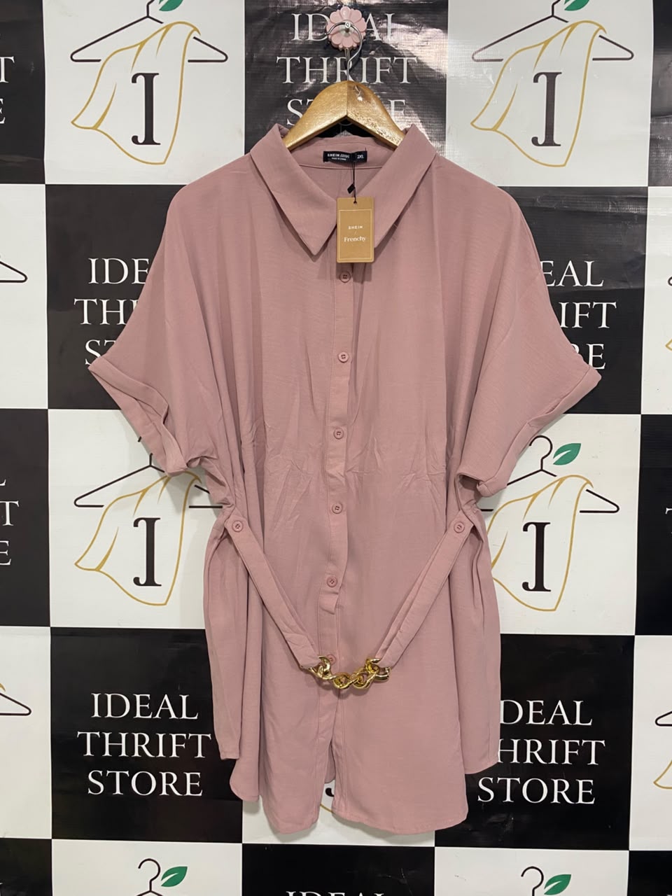 SHEIN CURVE |XL| BUST FREE| A20| DUSTY PINK BUTTON-UP SHIRT DRESS GOLD CHAIN BELT CASUAL TUNIC