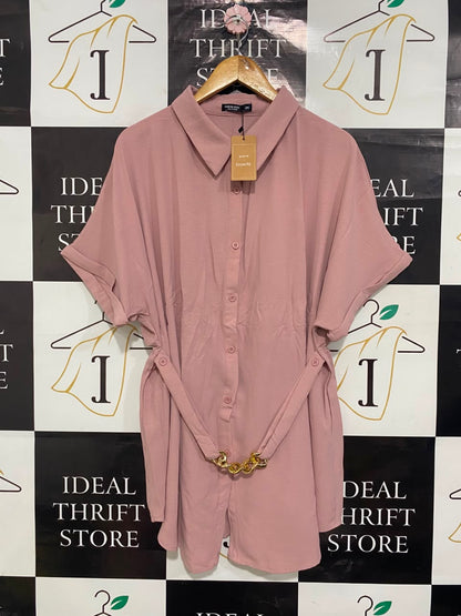 SHEIN CURVE |XL| BUST FREE| A20| DUSTY PINK BUTTON-UP SHIRT DRESS GOLD CHAIN BELT CASUAL TUNIC