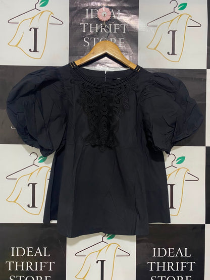 NEXT |S| BUST 20| A20| BLACK LACE EMBROIDERED DRAMATIC PUFF SLEEVE TOP STATEMENT BLOUSE