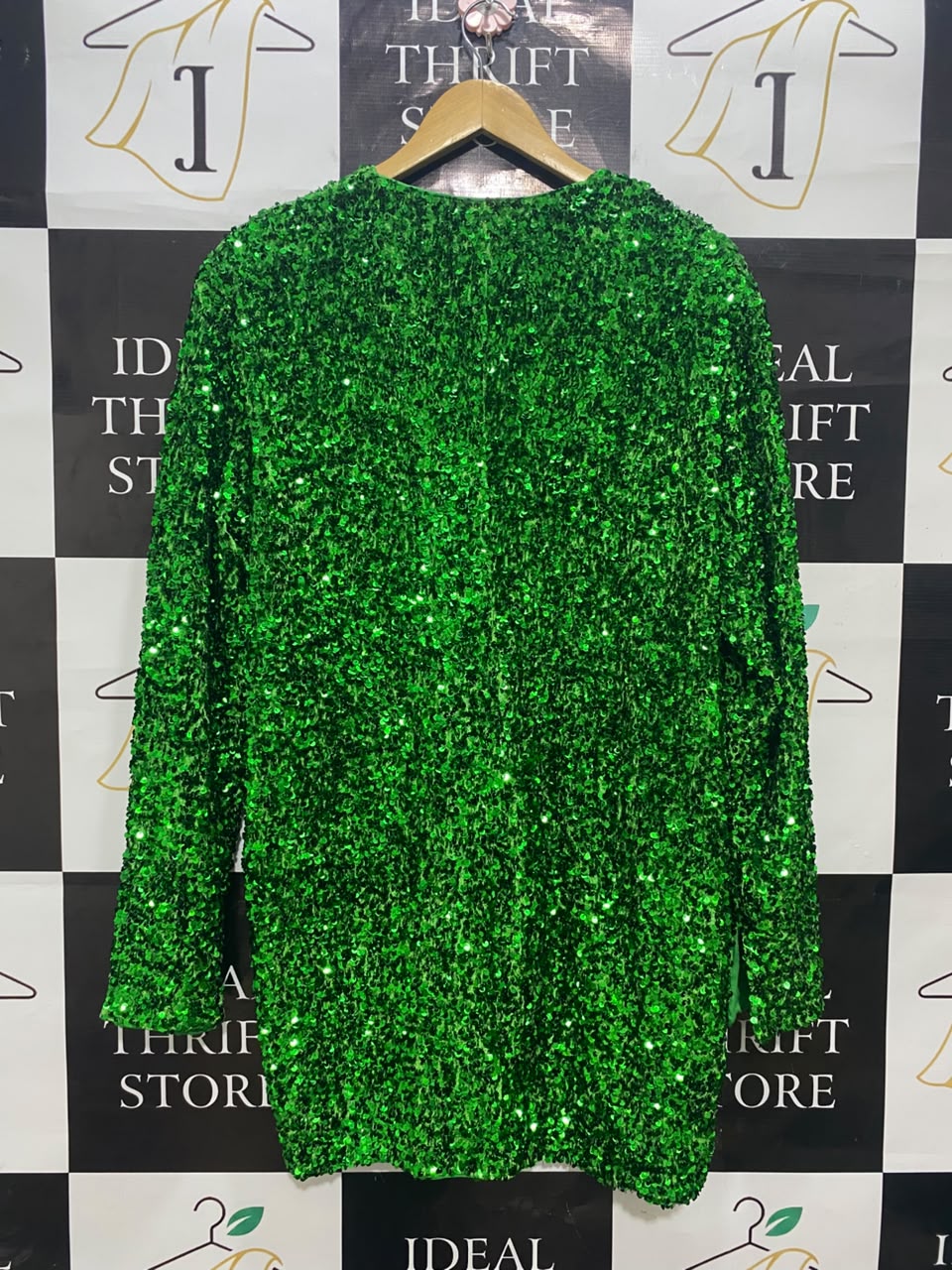 H&M |L| BUST 23| A20| EMERALD GREEN SEQUIN V-NECK LONG SLEEVE PARTY DRESS GLAMOUR MINI DRESS