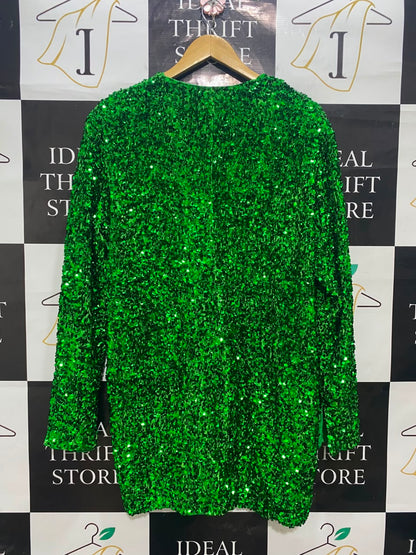 H&M |L| BUST 23| A20| EMERALD GREEN SEQUIN V-NECK LONG SLEEVE PARTY DRESS GLAMOUR MINI DRESS