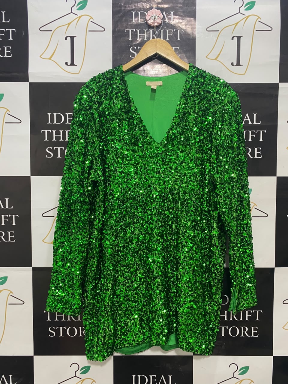 H&M |L| BUST 23| A20| EMERALD GREEN SEQUIN V-NECK LONG SLEEVE PARTY DRESS GLAMOUR MINI DRESS