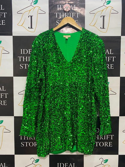 H&M |L| BUST 23| A20| EMERALD GREEN SEQUIN V-NECK LONG SLEEVE PARTY DRESS GLAMOUR MINI DRESS
