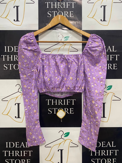 IN THE STYLE |S| BUST 15| A20| LAVENDER FLORAL CROP TOP SQUARE NECK LONG PUFF SLEEVE BLOUSE