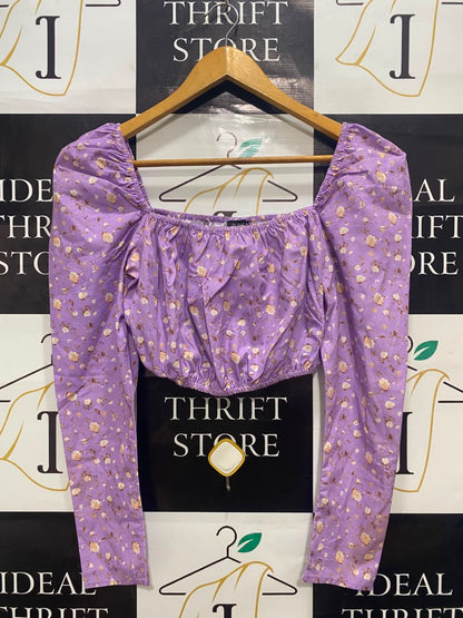 IN THE STYLE |S| BUST 15| A20| LAVENDER FLORAL CROP TOP SQUARE NECK LONG PUFF SLEEVE BLOUSE